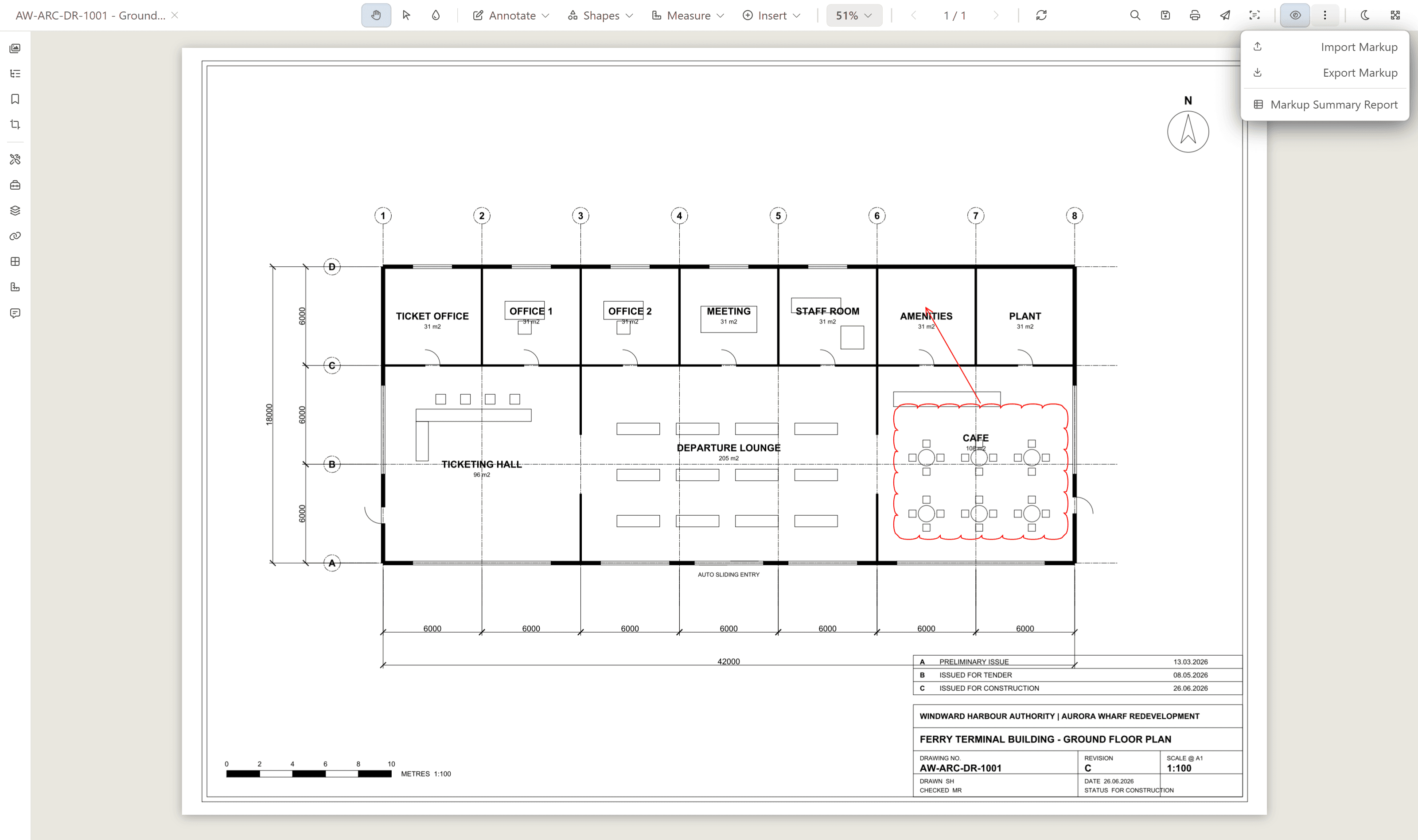 The Markup file menu with Import Markup, Export Markup and Markup Summary Report