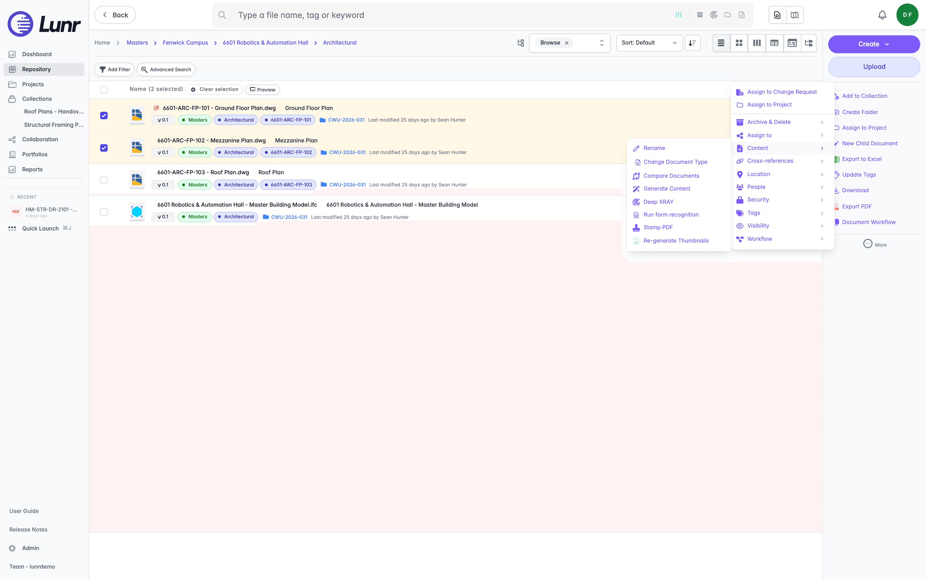 More menu with the Content group open, listing Rename, Compare Documents, Generate Content, Deep XRAY, Run form recognition, Stamp PDF, and Re-generate Thumbnails