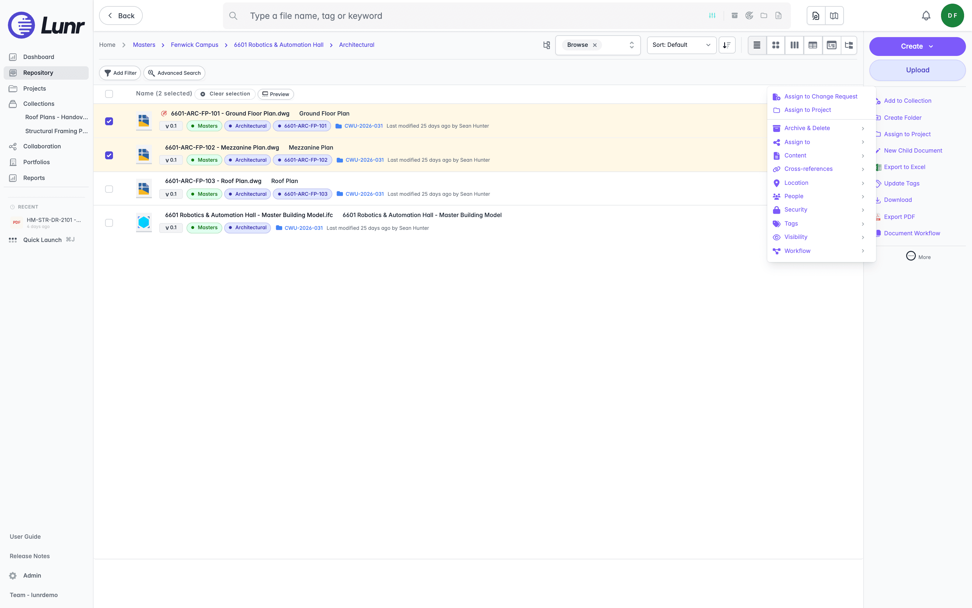 More menu open from the Action Pane with two documents selected, showing Assign to Change Request and Assign to Project above the Archive & Delete, Assign to, Content, Cross-references, Location, People, Security, Tags, Visibility, and Workflow groups
