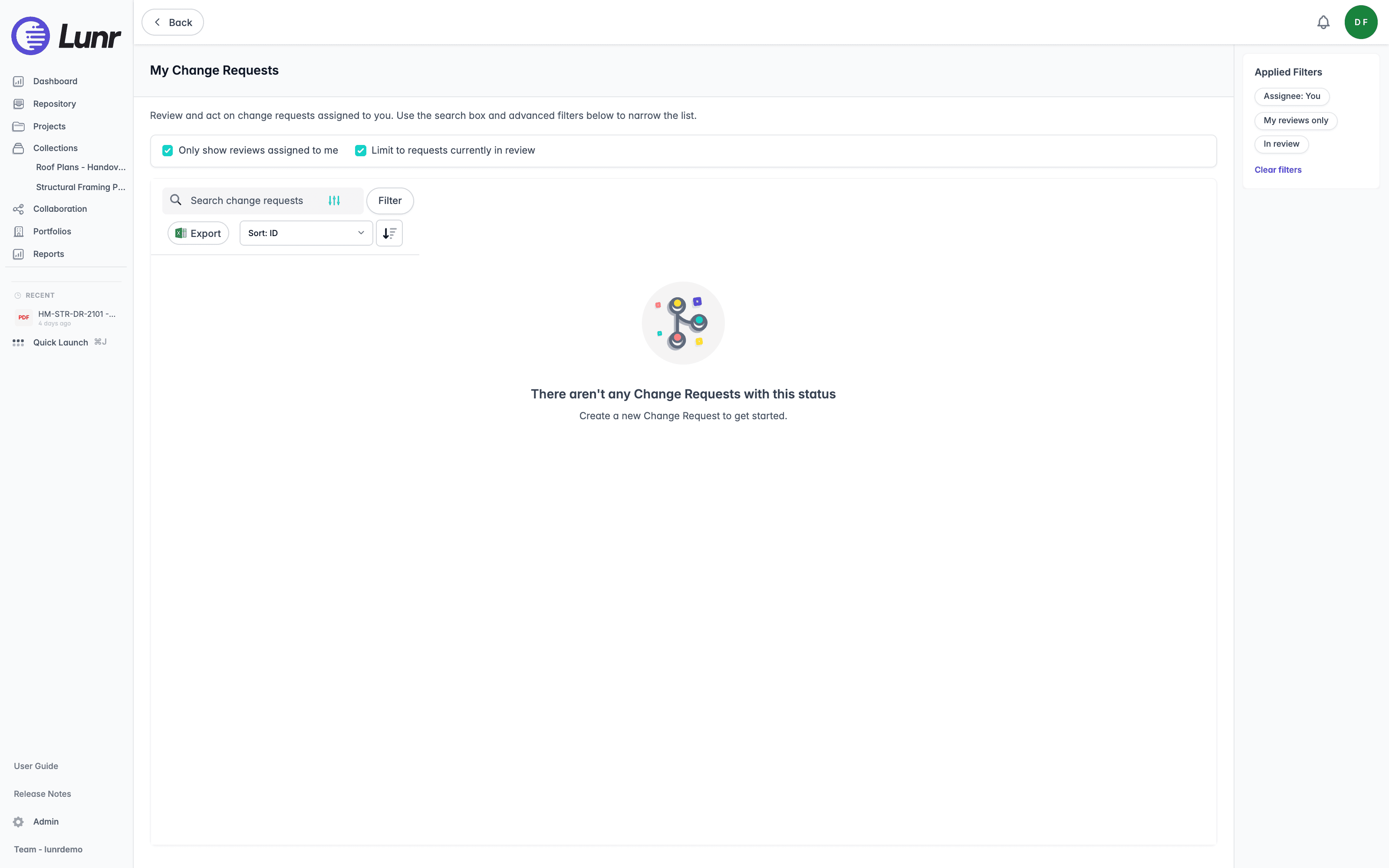 My Change Requests showing both review options enabled, the search field with Filter and Export, the Sort By control, the Applied Filters panel listing Assignee You, My reviews only, and In review, and the empty state