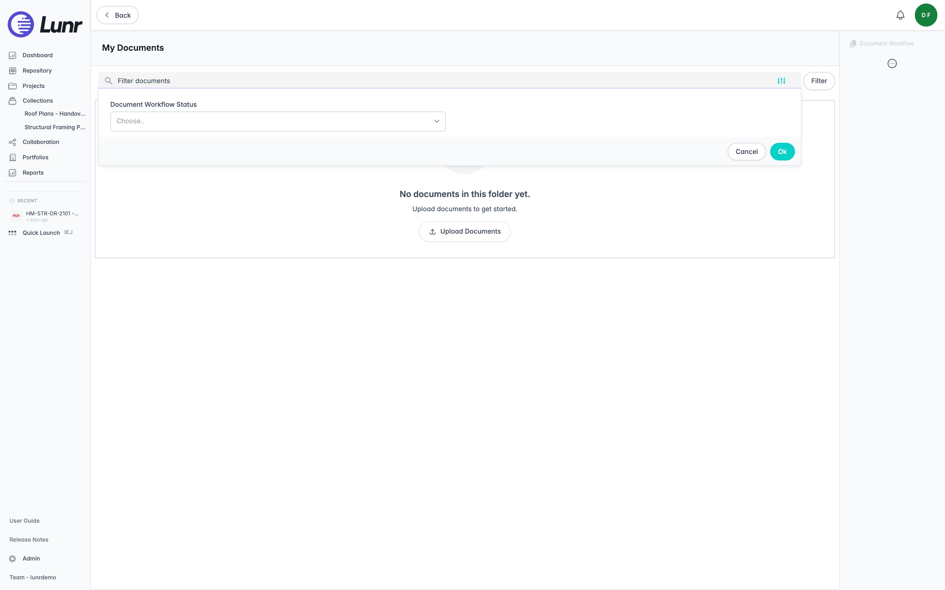 My Documents with the Filter documents field, the Document Workflow Status filter panel open, and the empty state offering Upload Documents