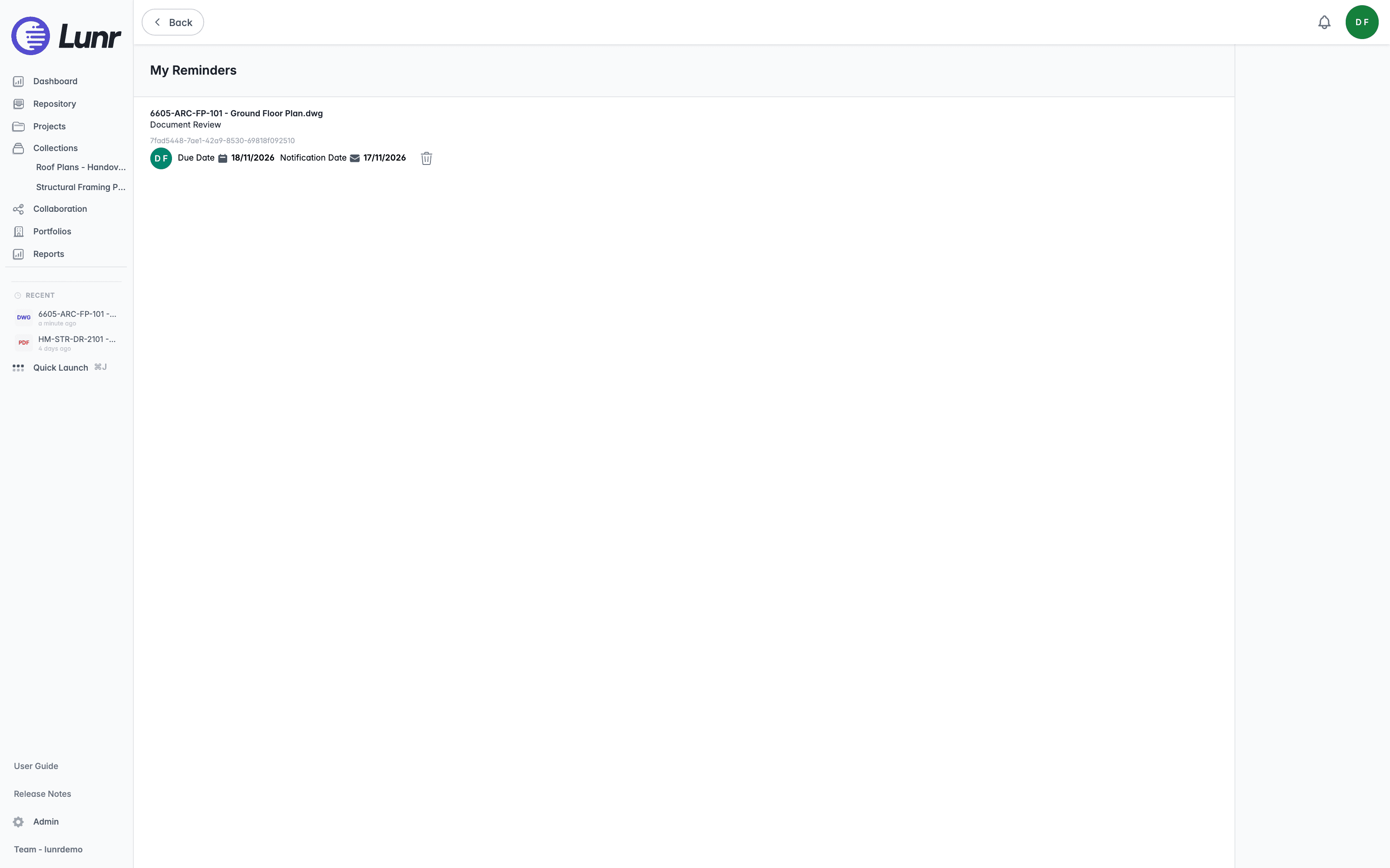 My Reminders listing one reminder on a floor plan drawing, with its Document Review comment, version identifier, recipient avatar, Due Date, Notification Date, and the bin icon that removes it