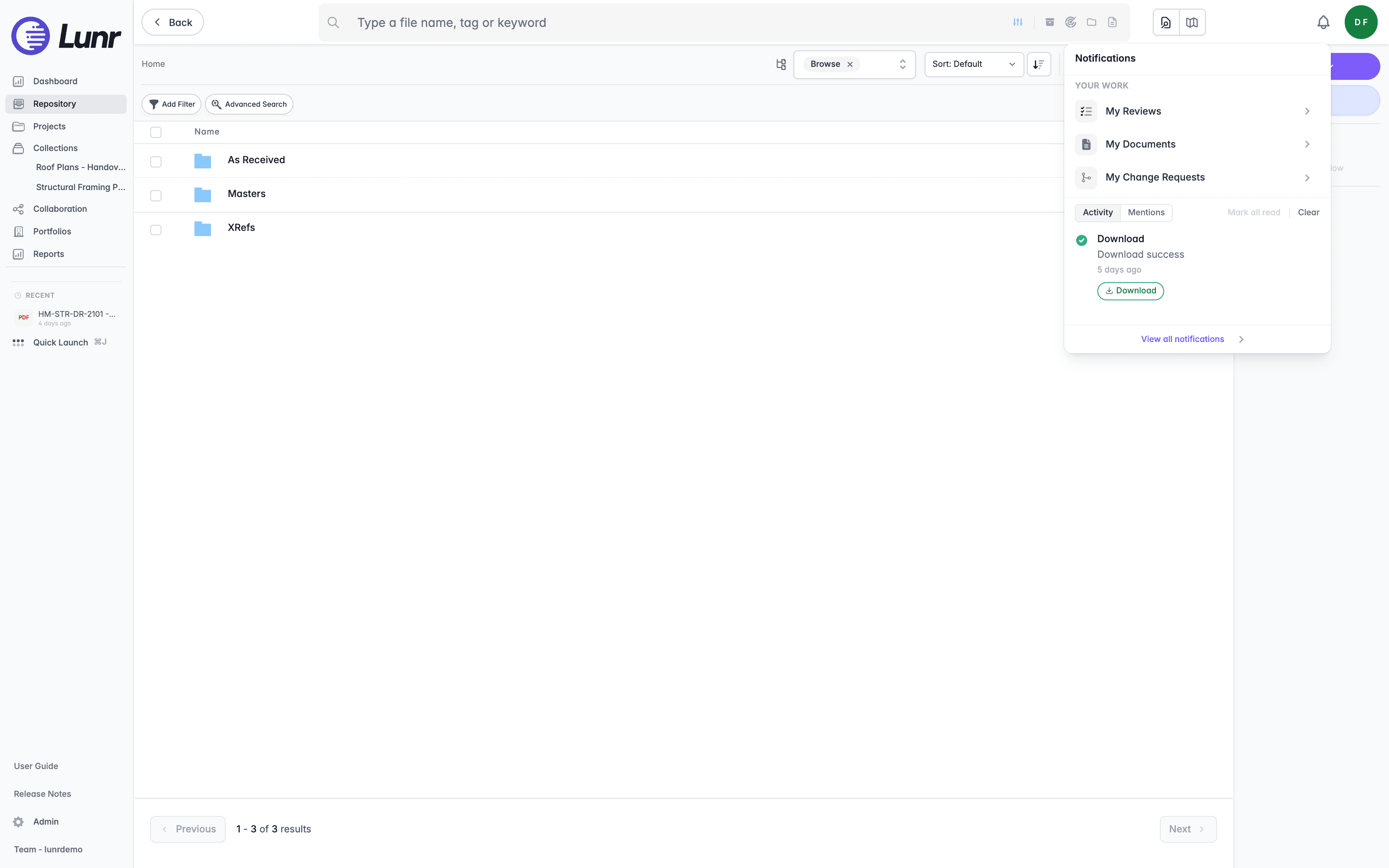 Notification centre open over the repository, showing the Your Work shortcuts, the Activity and Mentions views, a completed download with its Download button, and the View all notifications link