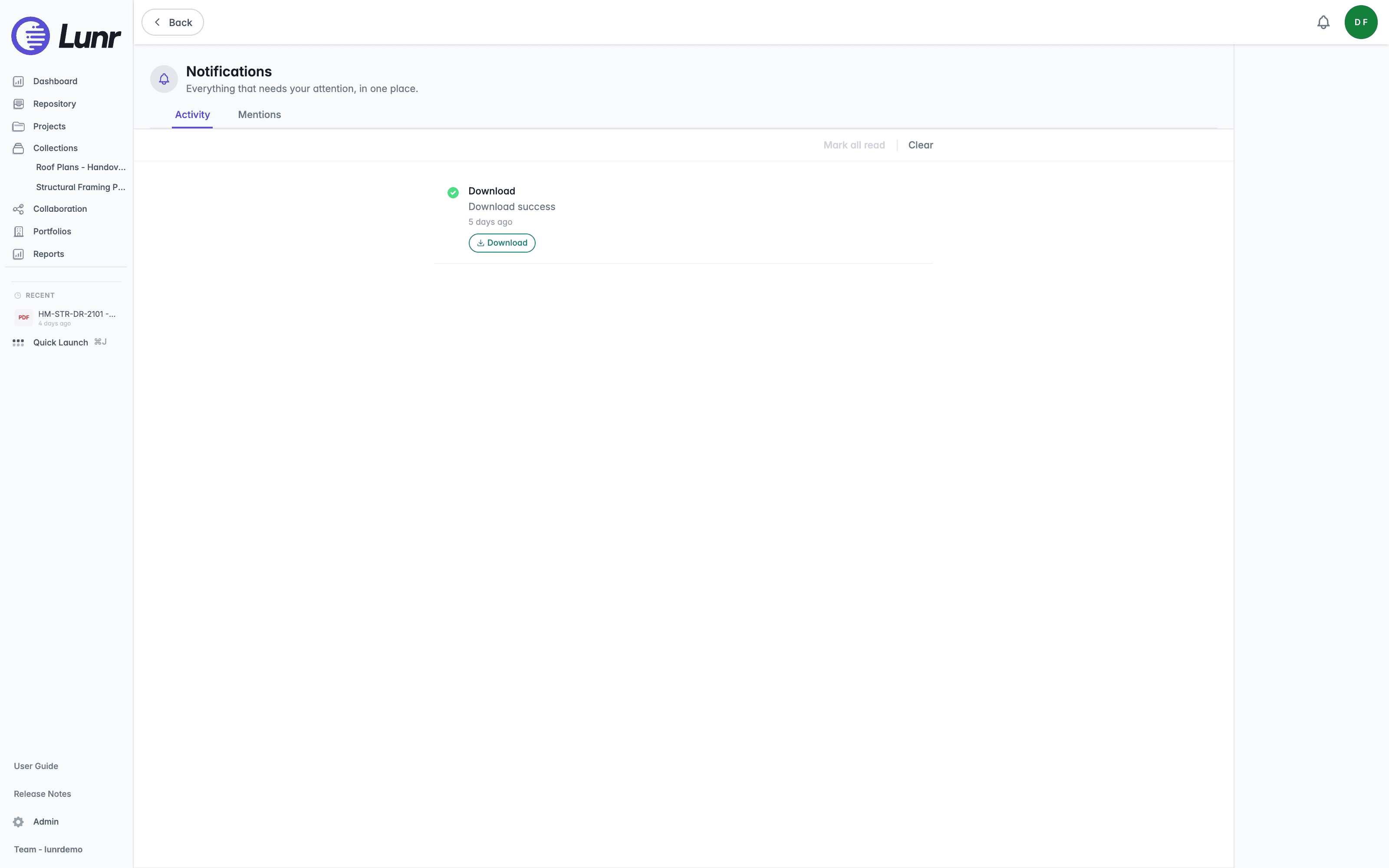 Notifications page headed Everything that needs your attention, in one place, with the Activity and Mentions views and a completed download entry