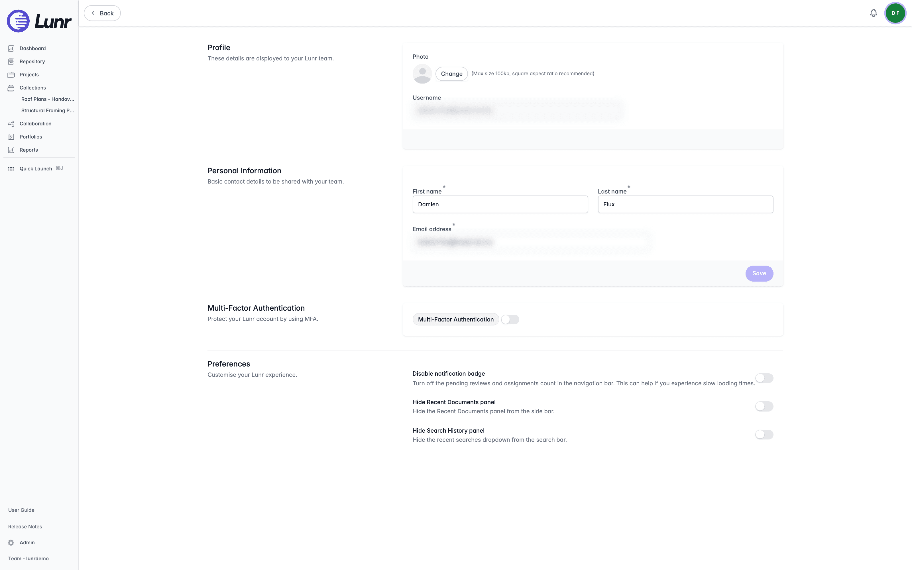 Profile page showing the Profile, Personal Information, Multi-Factor Authentication, and Preferences panels
