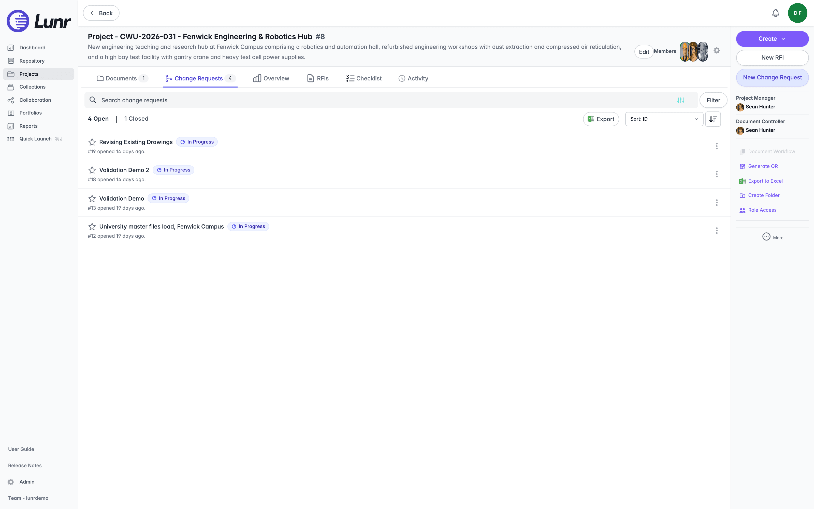 Change Requests tab showing a search field, an open and closed summary, and a list of change requests with subject, status badge, and age