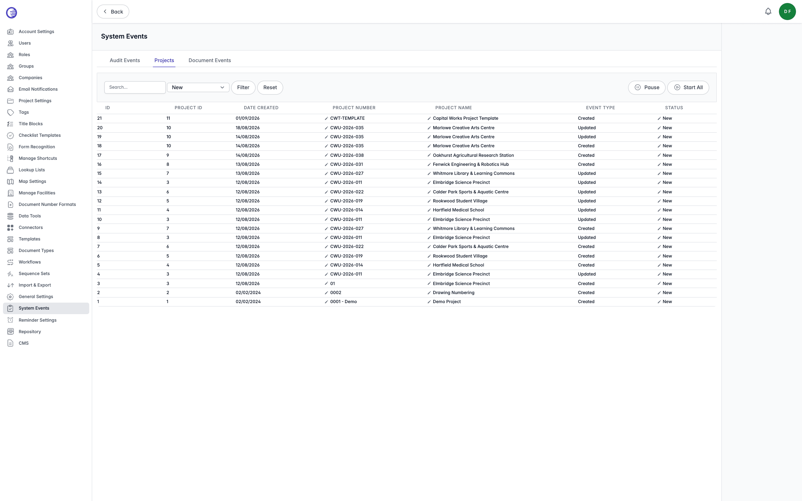Projects tab of the System Events page, showing the search field, Status filter, Filter and Reset buttons, the Pause and Start All controls, and a table of project events with Id, Project Id, Date Created, Project Number, Project Name, Event Type, and Status columns