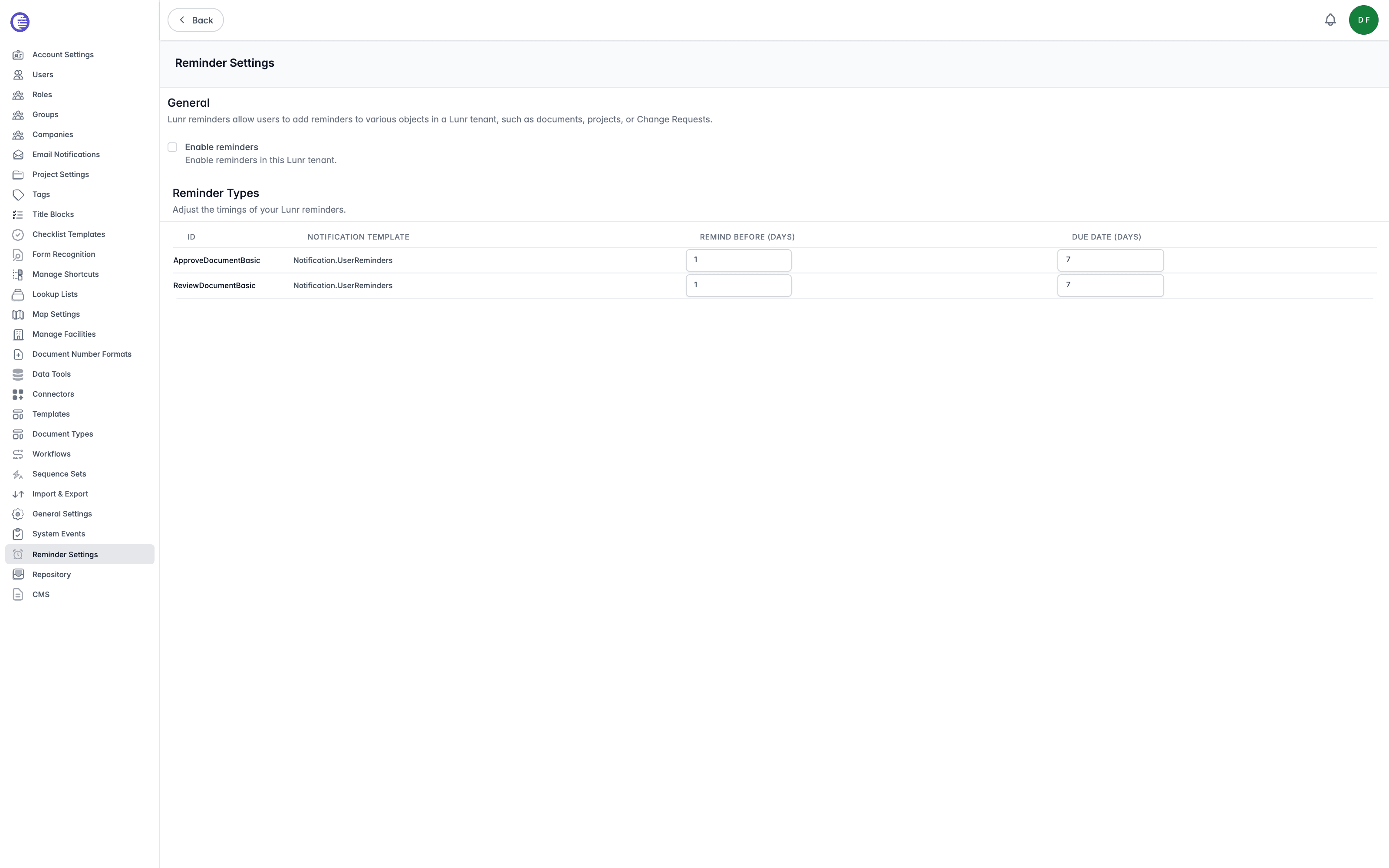 Reminder Settings page showing the Enable reminders box and the Reminder Types table with its Id, Notification Template, Remind Before (days), and Due Date (days) columns