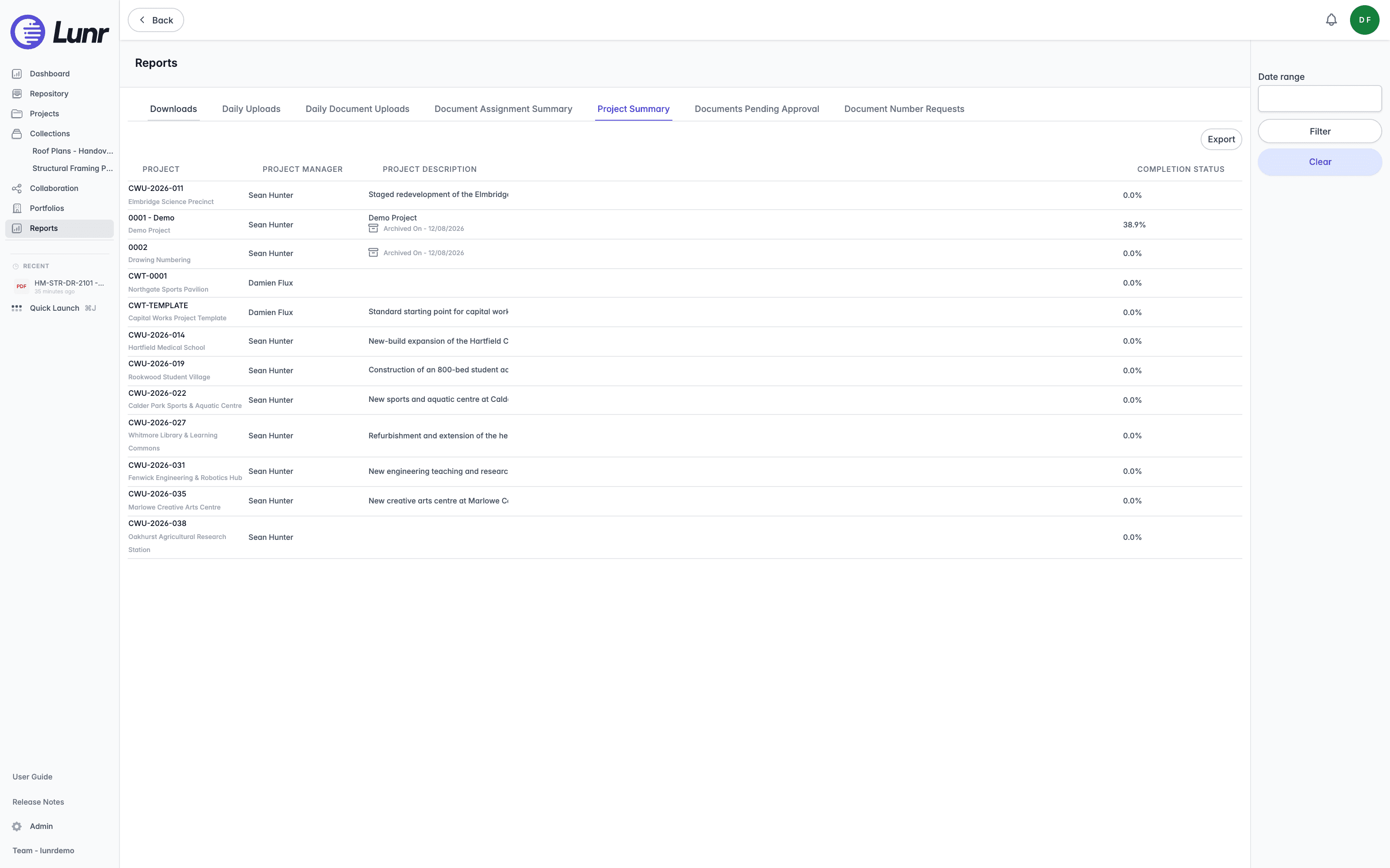 Project Summary report listing projects with their project manager, description, and completion status