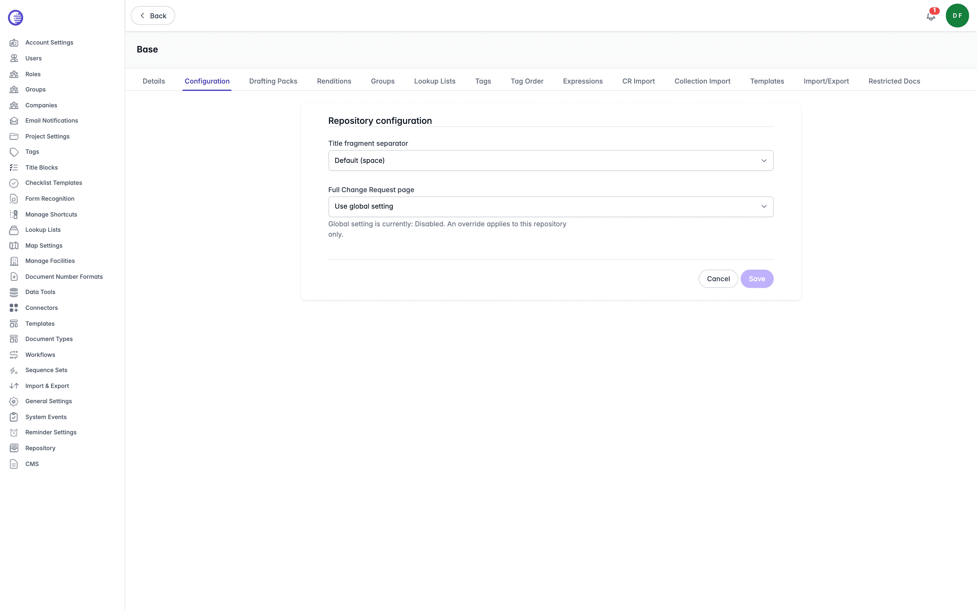 The Configuration tab showing the title fragment separator setting and a Full Change Request page override that is set to Enabled for this repository against a global default of Disabled