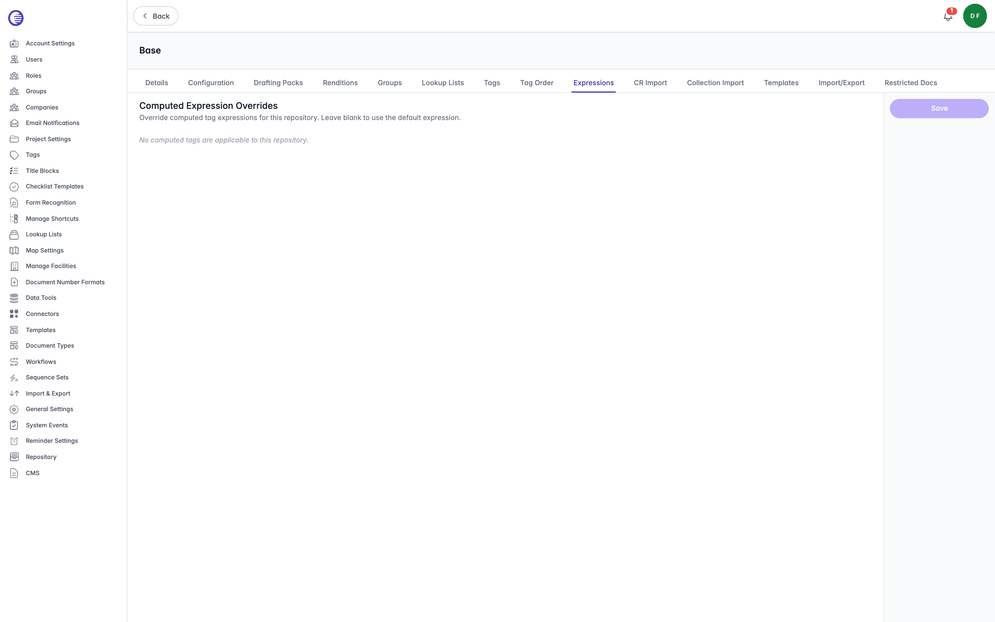 The Computed Expression Overrides tab, shown in its empty state because no computed tags are applicable to the Base repository in this demo tenant