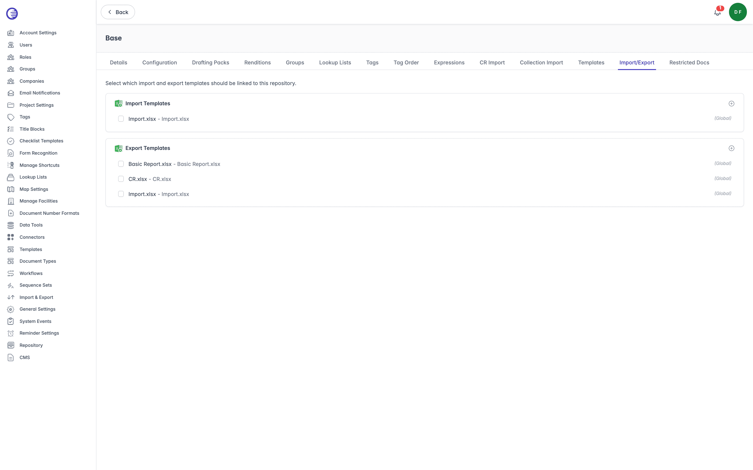 The repository-scoped Import/Export tab, showing which global import and export templates (Import.xlsx, Basic Report.xlsx, CR.xlsx) are linked to the Base repository