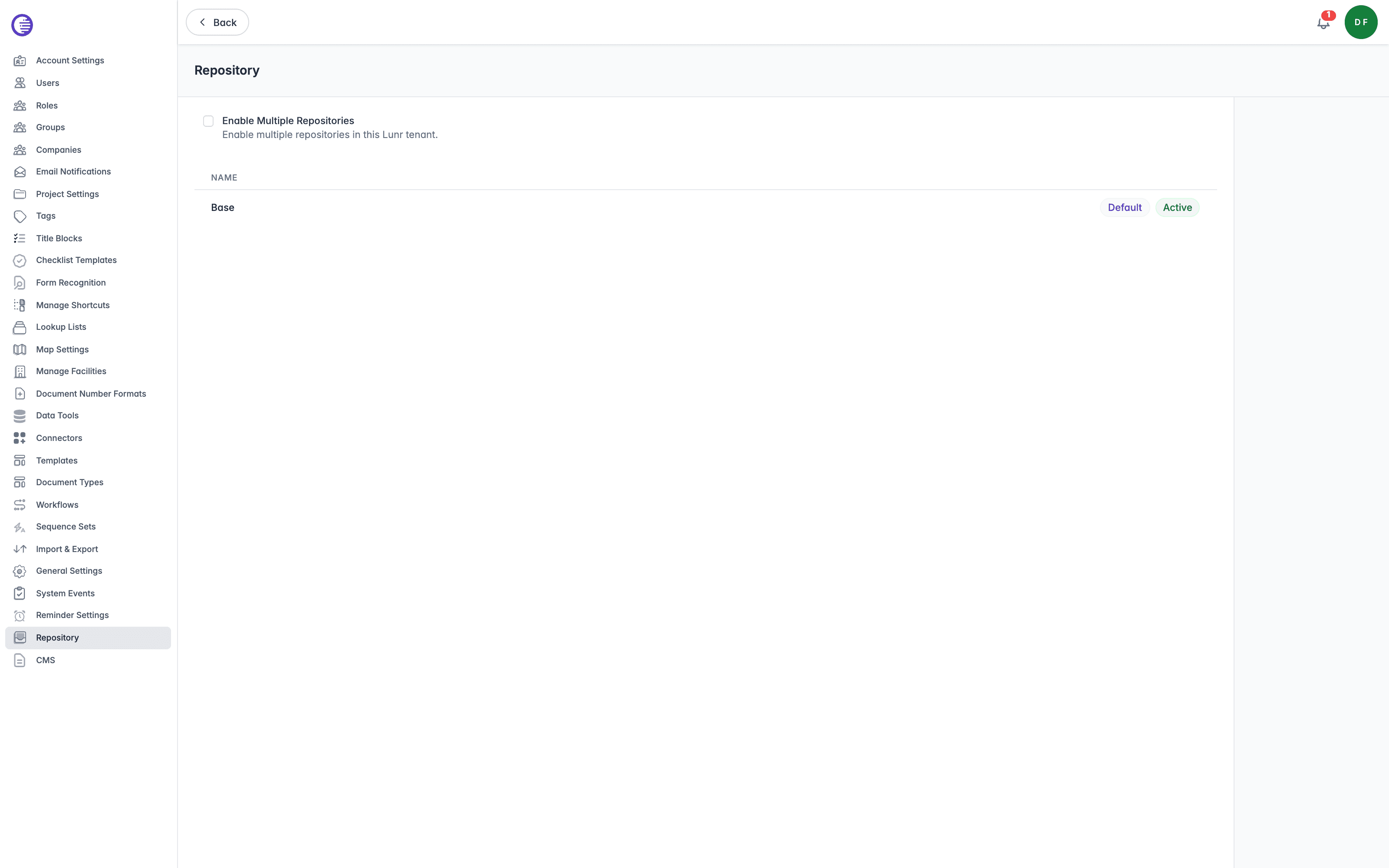 The Repository list showing the single Base repository, marked as default and active, with the multiple repositories toggle above it