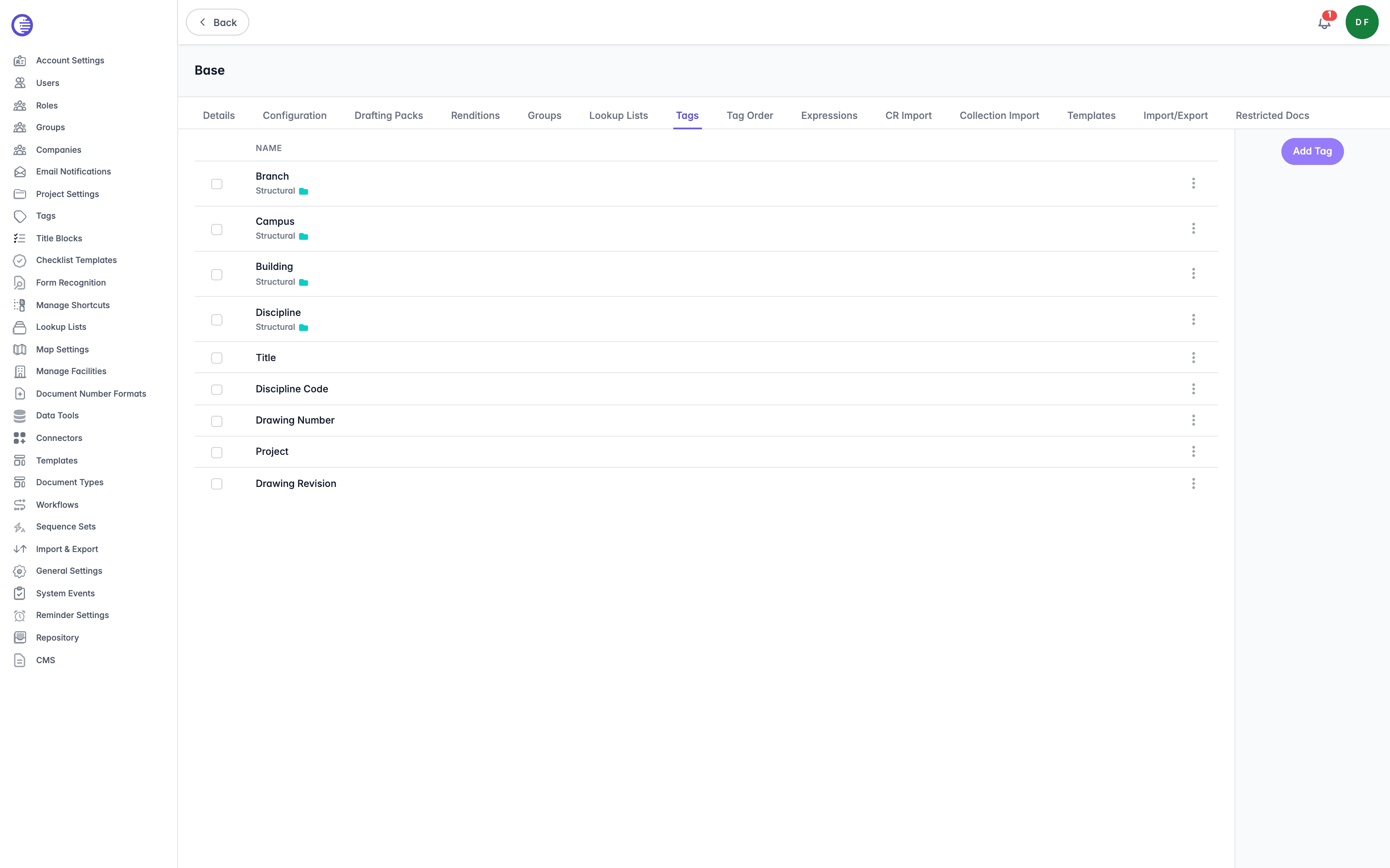 The repository-scoped Tags tab, listing the same structural tag hierarchy (Branch, Campus, Building, Discipline, and more) that can be enabled per repository