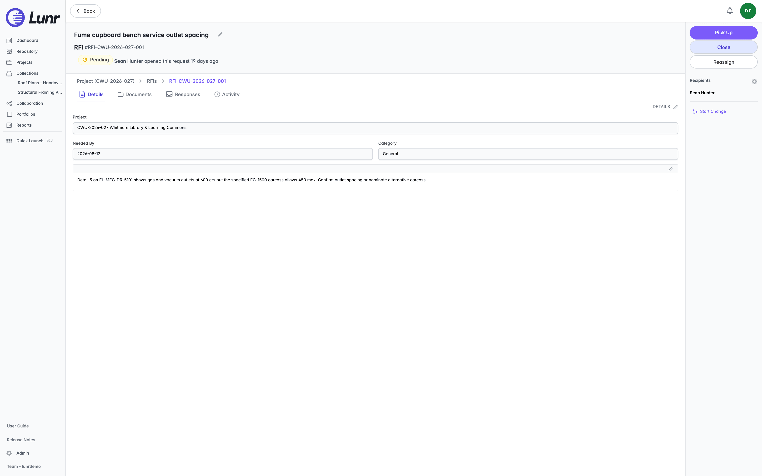 RFI page for Fume cupboard bench service outlet spacing showing the header, breadcrumb, tabs, Details fields, and Action Pane