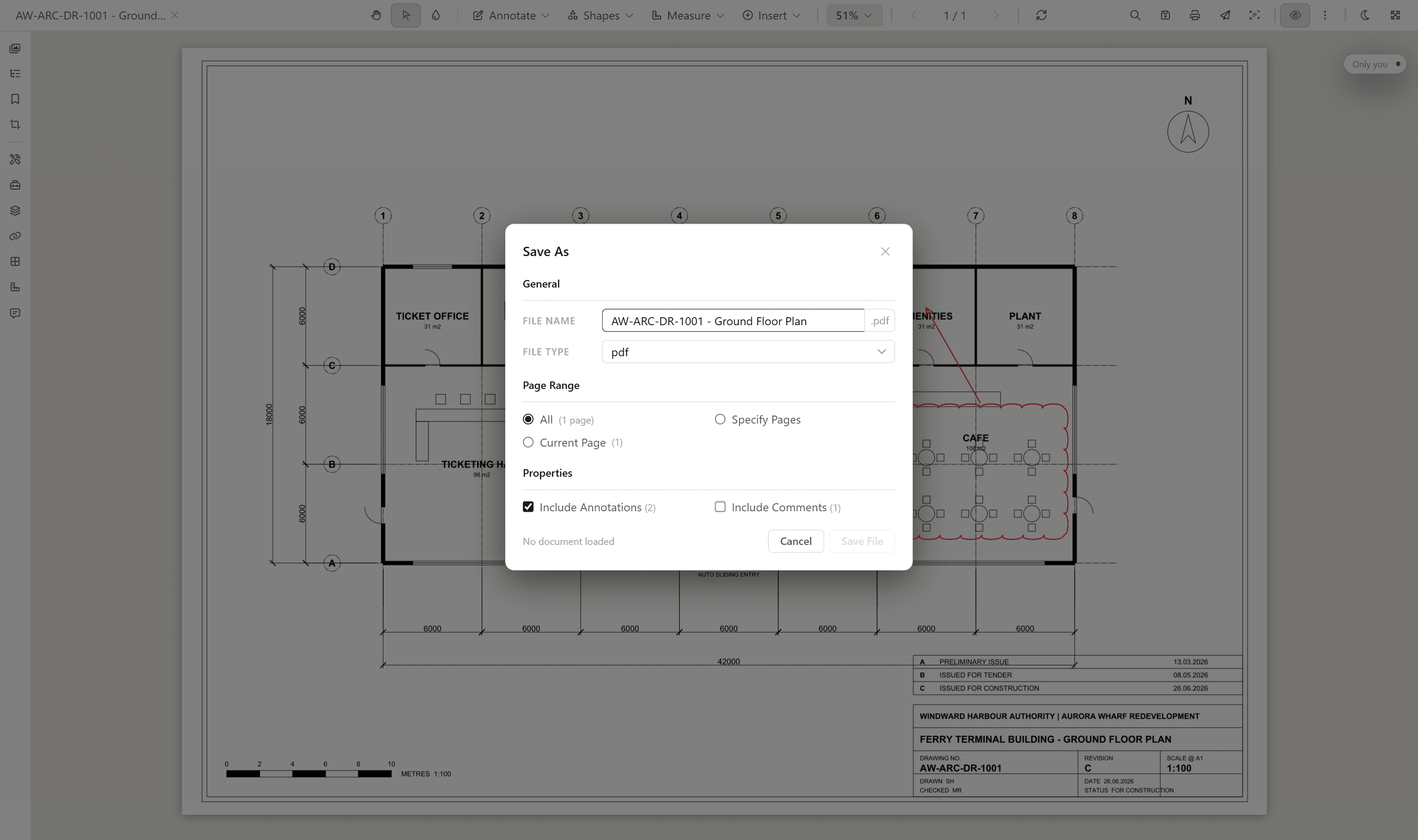 Save As dialog with file type and annotation options
