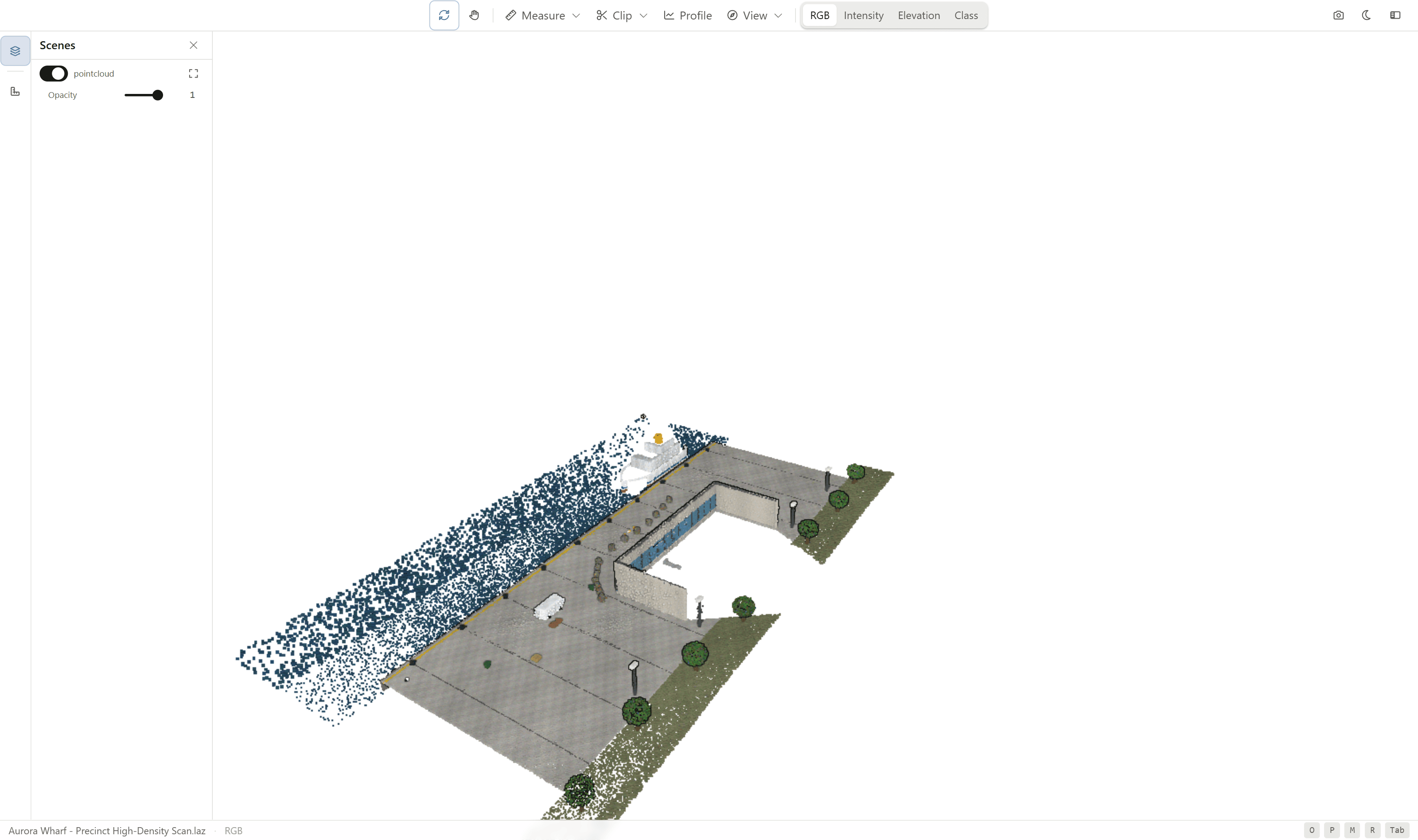 Scenes panel listing point clouds with visibility and opacity controls