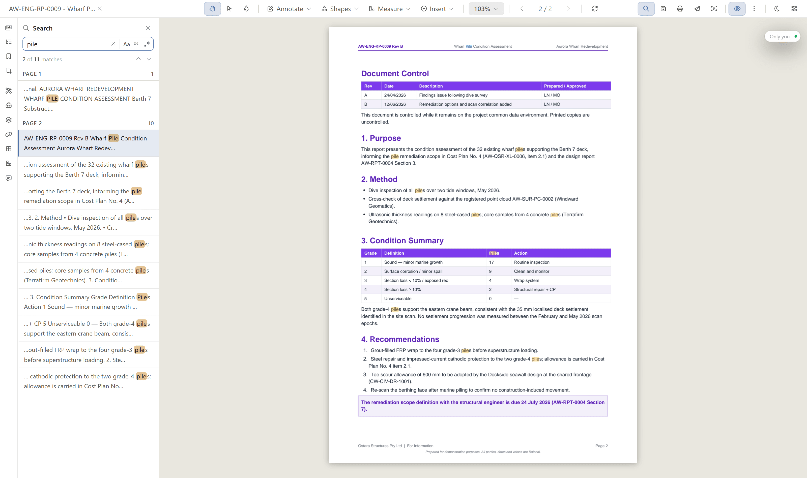 Search panel listing matches grouped by page