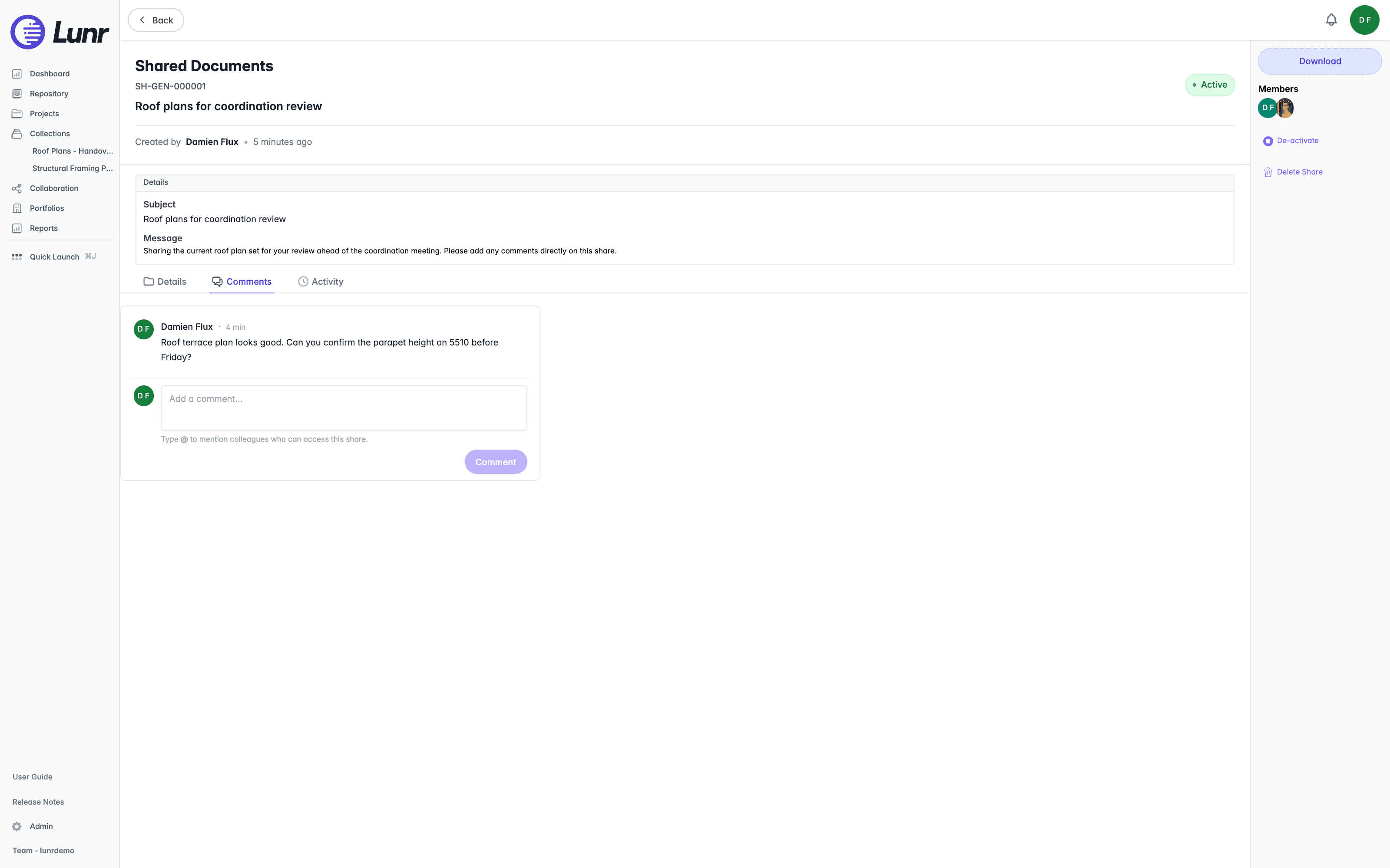 Comments tab for Roof plans for coordination review showing an existing comment from Damien Flux and the comment composer