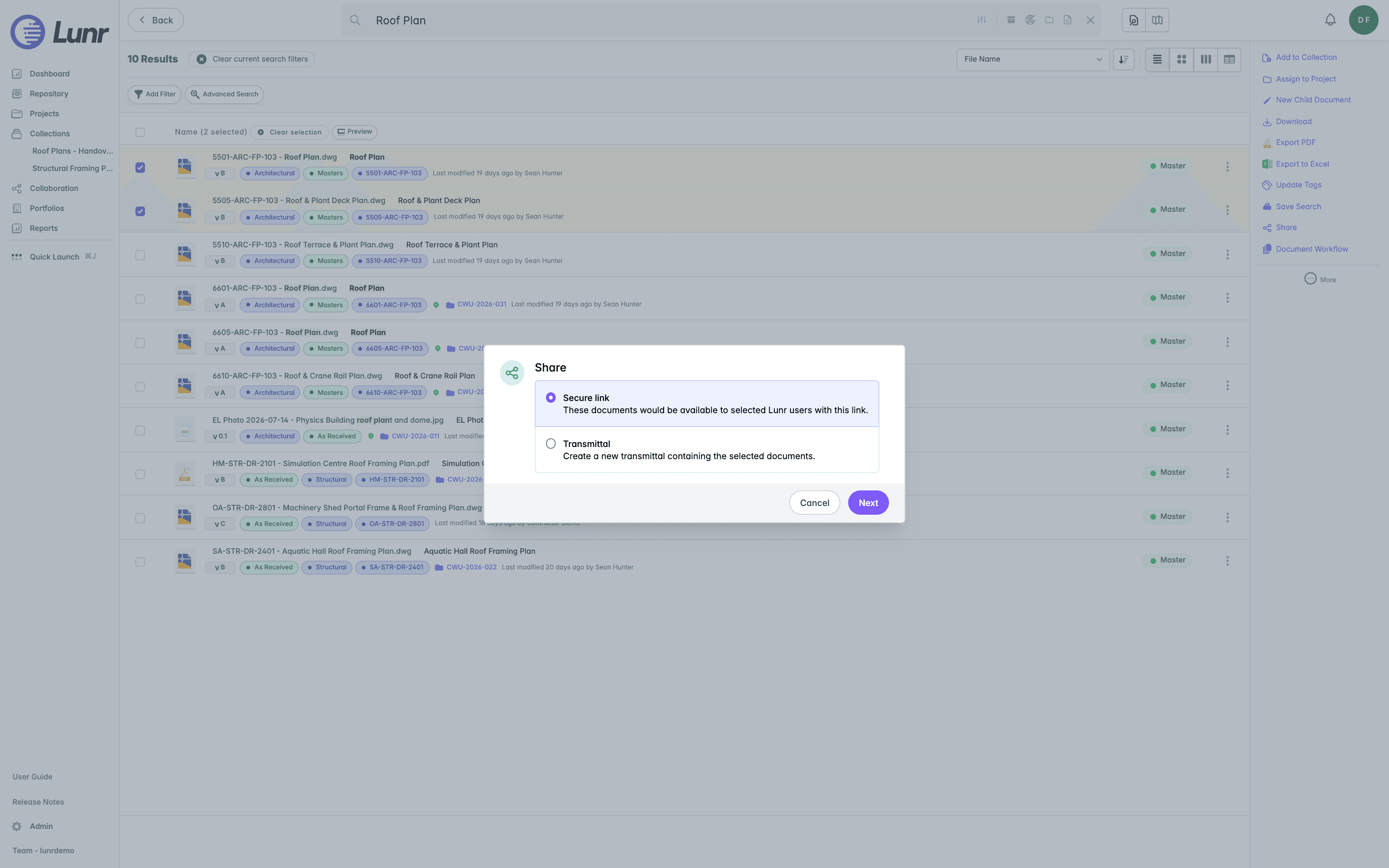 Share dialog showing the choice between a Secure link and a Transmittal, with Secure link selected