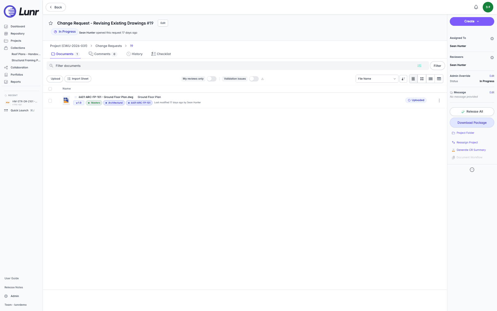 Standard Change Request open on its Documents tab, showing the Documents, Comments, History, and Checklist tabs and the Action Pane with Assigned To, Reviewers, Message, Release All, and Download Package