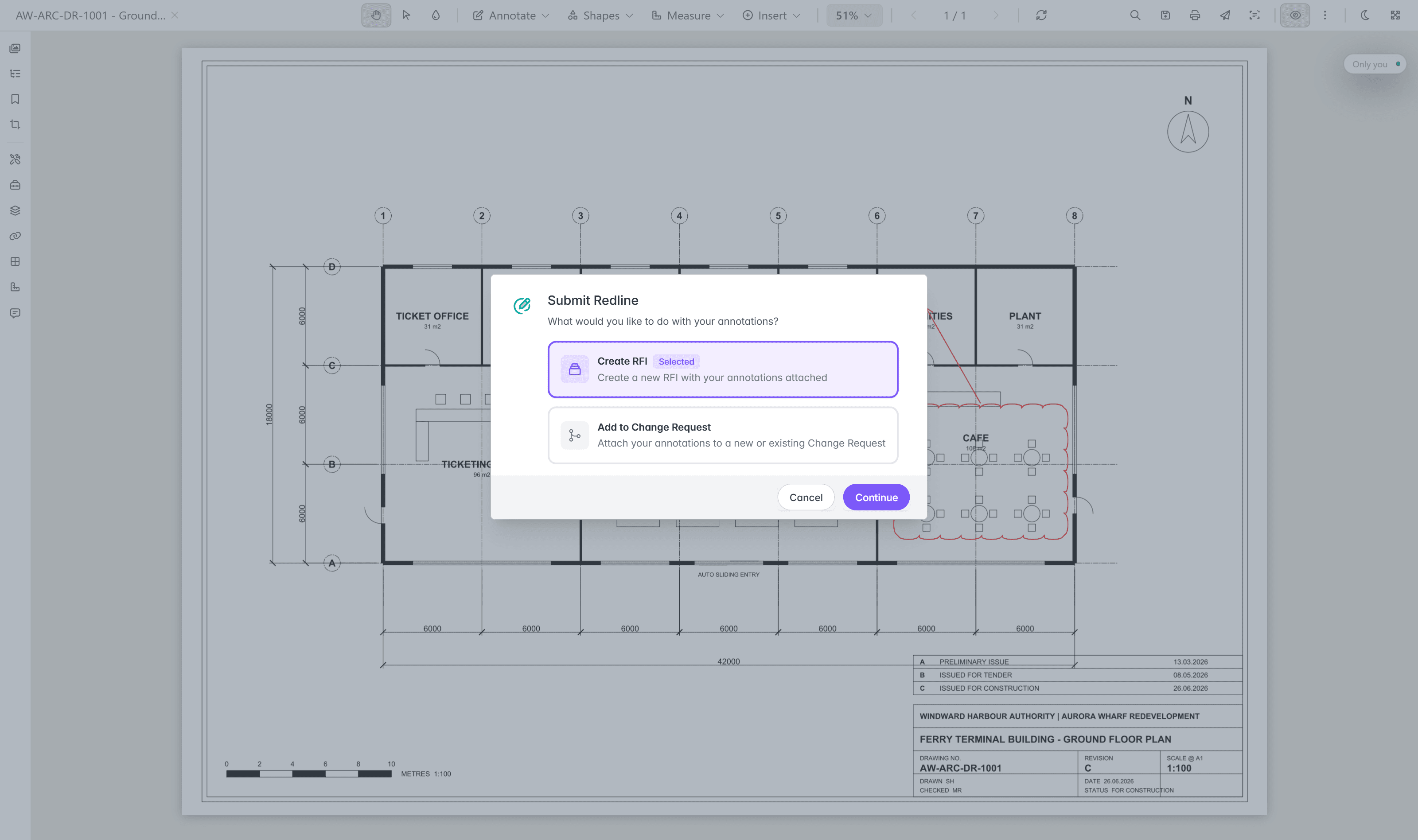 The Submit Redline dialog offering Create RFI or Add to Change Request