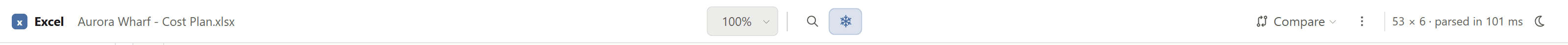 Spreadsheet toolbar with find, freeze panes, export and zoom controls