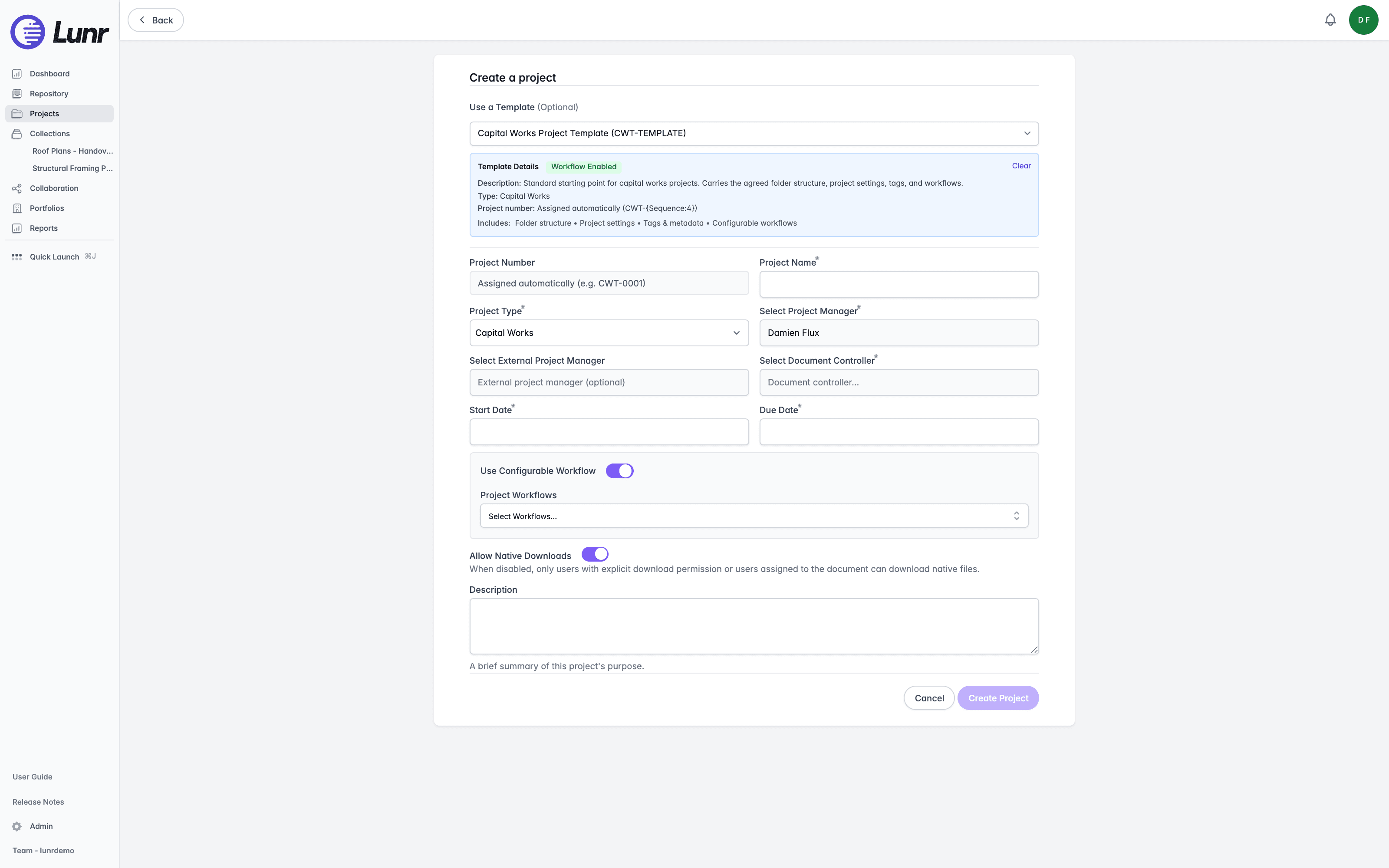 Create a project form with a template chosen, showing the Template Details card and the read-only Assigned automatically project number box
