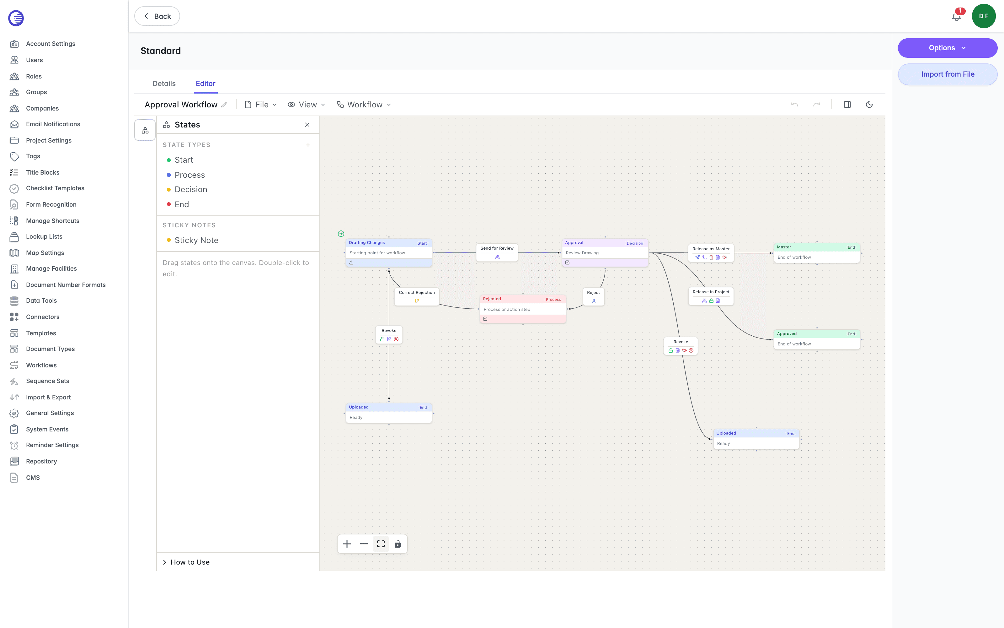 Visual workflow editor for the Standard Approval Workflow, showing the state graph from Drafting Changes through Send for Review and an Approval decision node, branching to Release as Master and Release in Project and ending at Master and Approved, with a Rejected, Revoke, and Correct Rejection loop back to Drafting Changes, and the States side panel listing Start, Process, Decision, End, and Sticky Note types