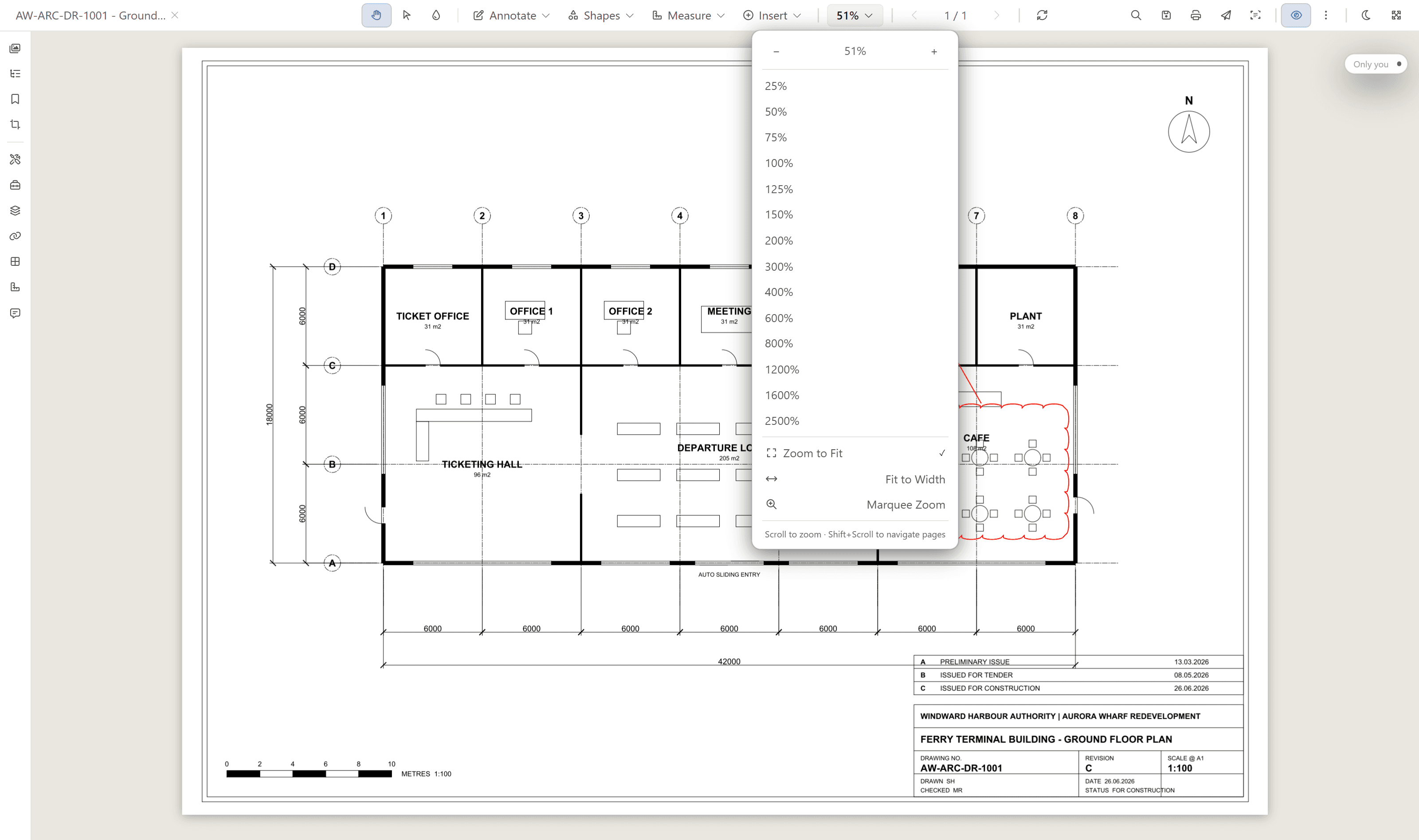 Zoom control with zoom to fit, fit to width and marquee zoom options